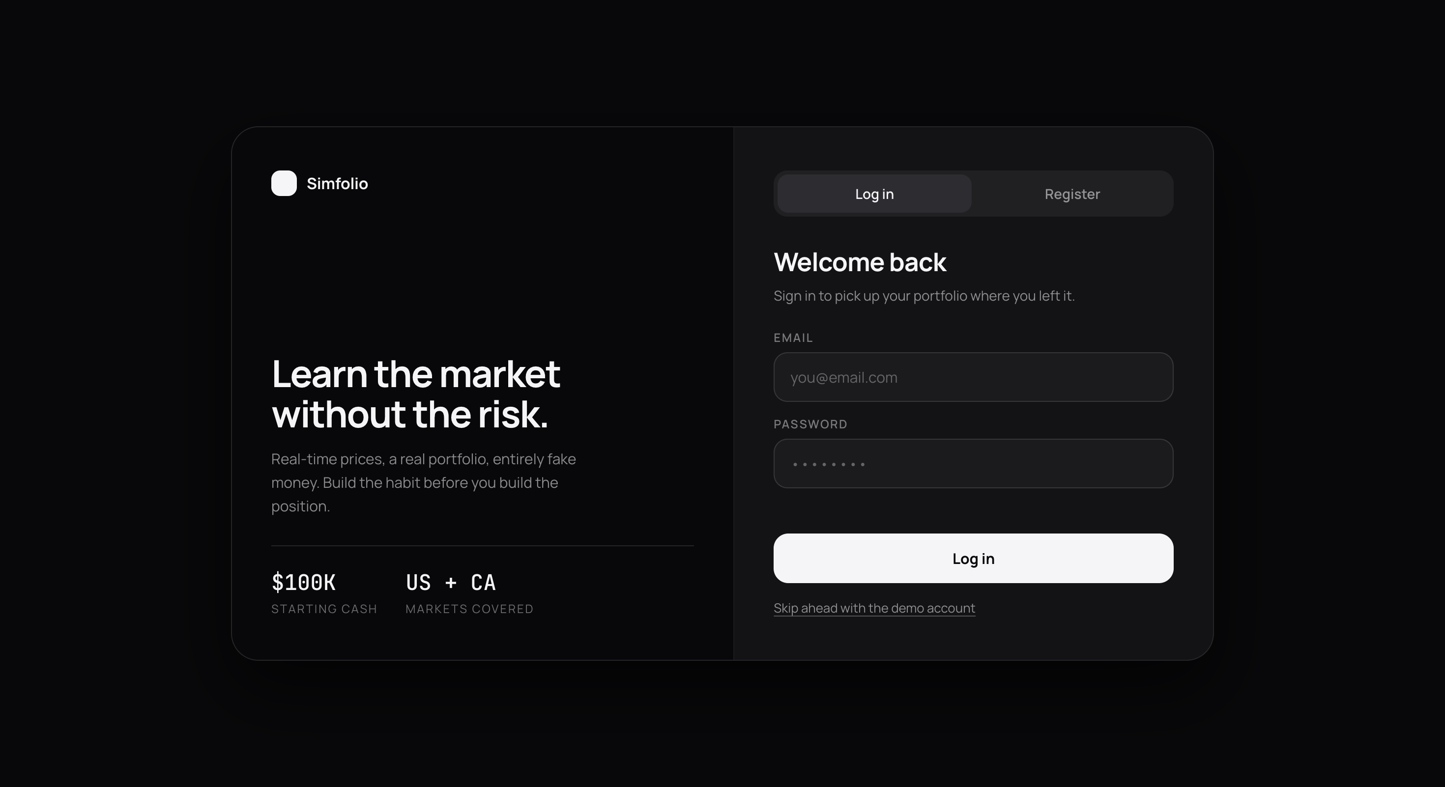Simfolio sign-in screen