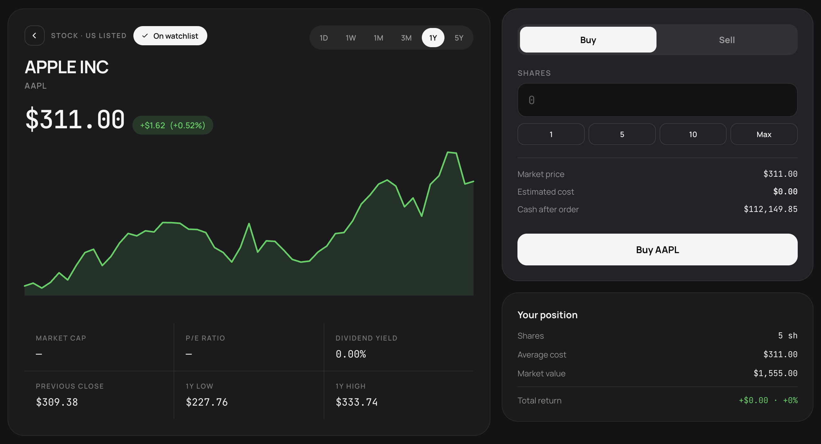 Simfolio trade screen